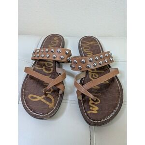 Sam Edelman Gensen Brown Leather Studded Thong Sandals Womens 6M Cognac Croc